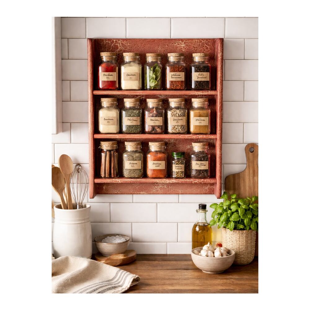 Brick Red Crackle Wall Shelf Spice Rack 3 Shelves 17" H x 15" W x 2" D